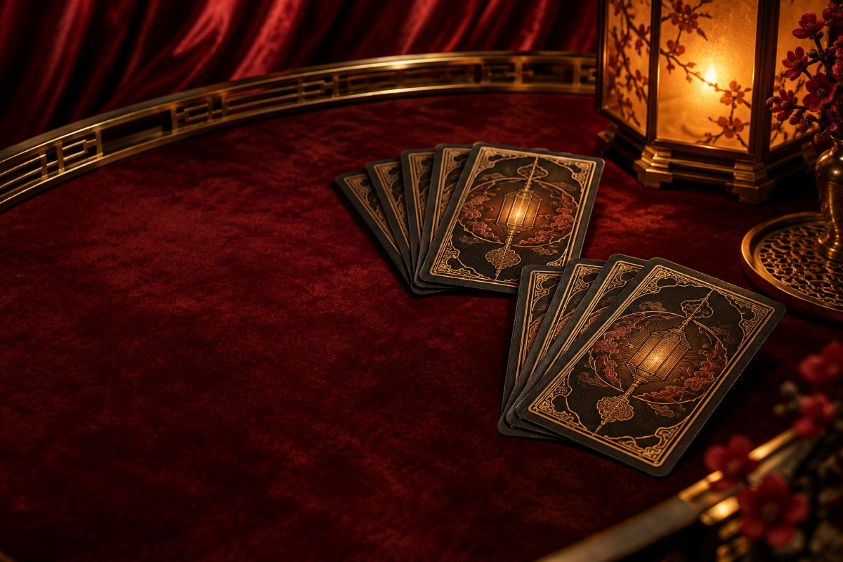 Ornamental card backs on garnet velvet beside a warm lantern